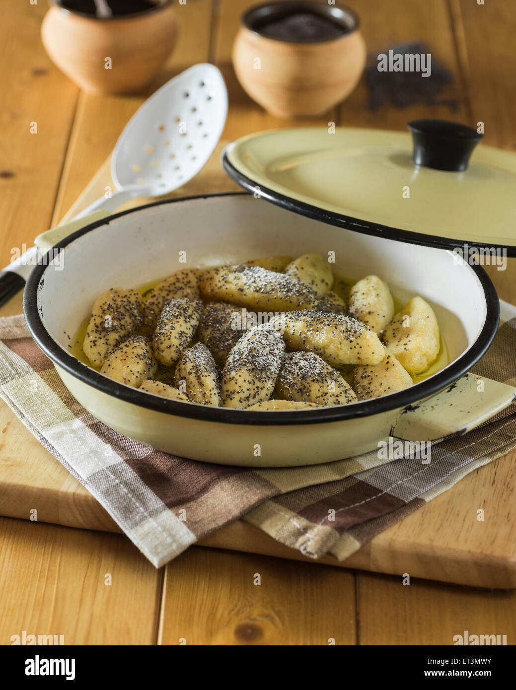 Skubánky. Potato dumplings with poppy seeds. Central Europe Food Stock Photo