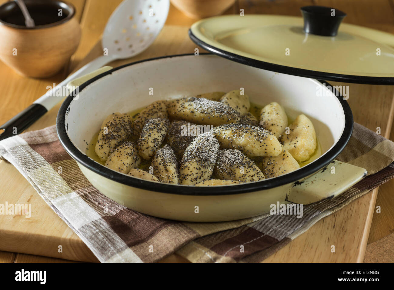 Skubánky. Potato dumplings with poppy seeds. Central Europe Food Stock Photo