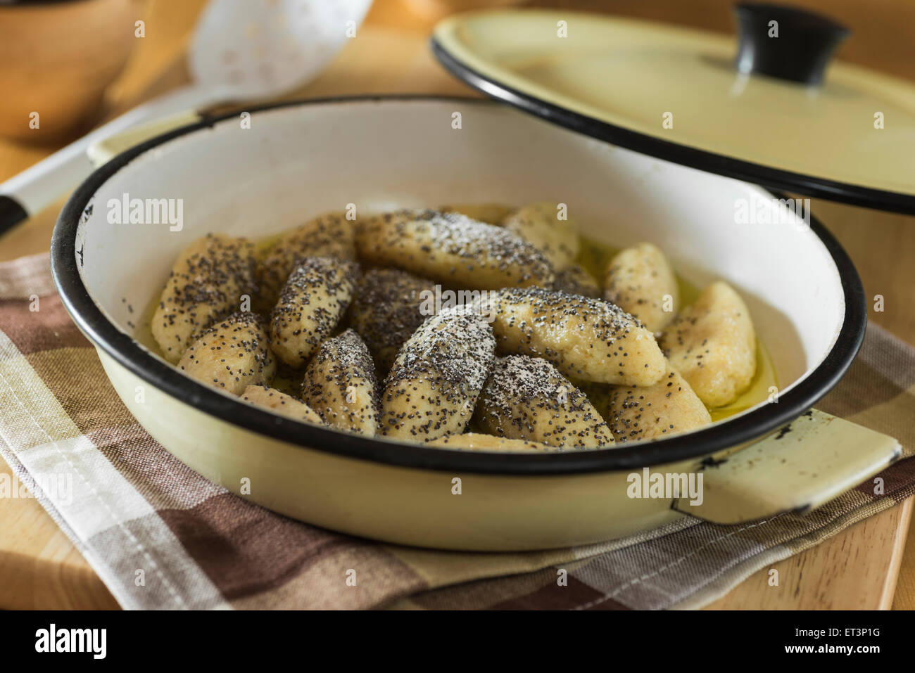 Skubánky. Potato dumplings with poppy seeds. Central Europe Food Stock Photo