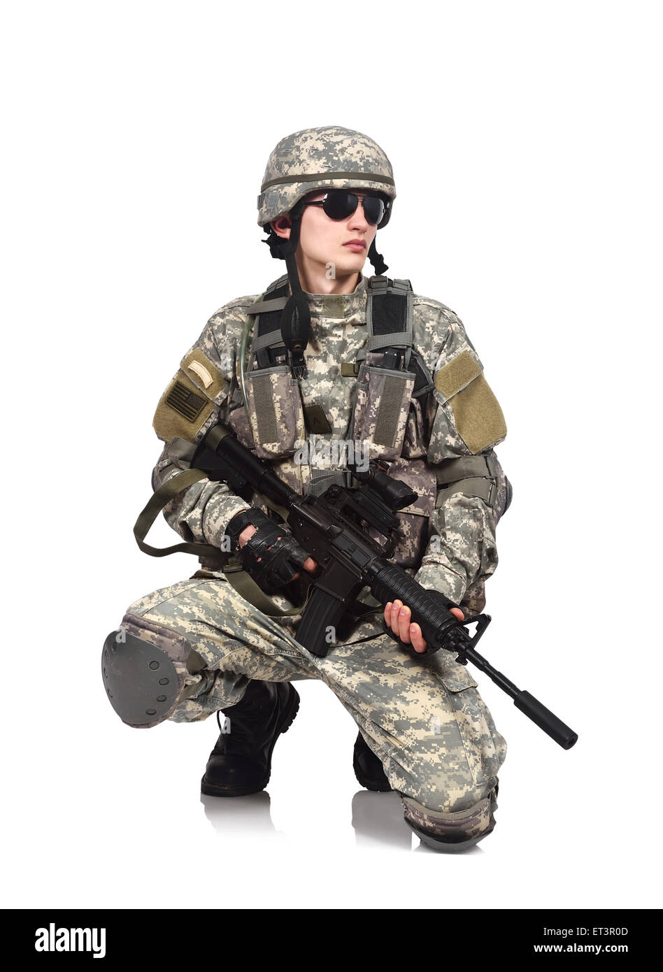 US soldier aiming with rifle on a white background Stock Photo - Alamy