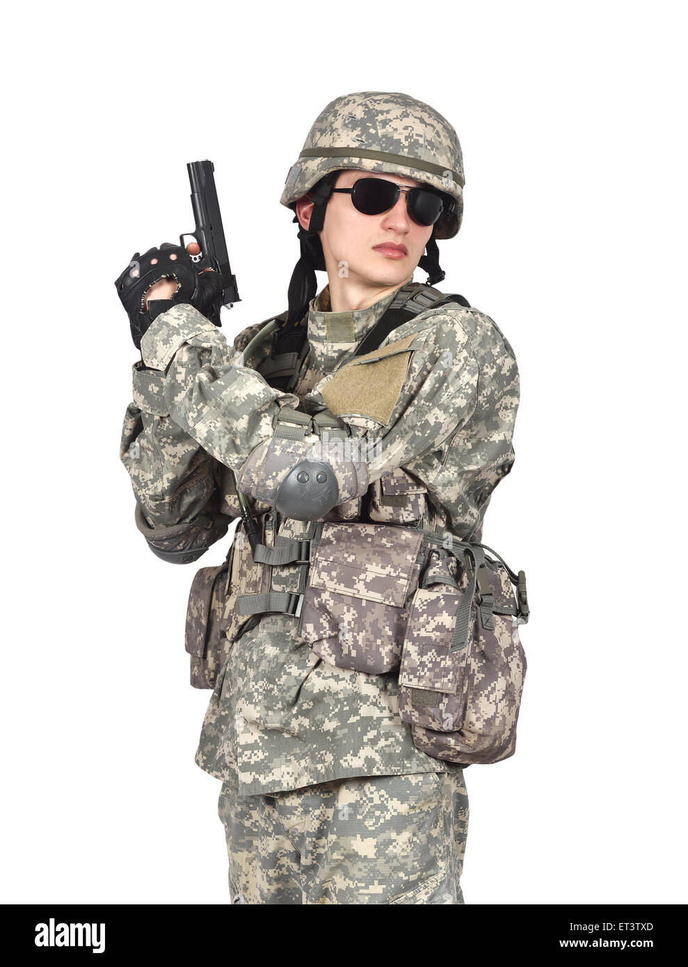 young soldier with gun on a white background Stock Photo