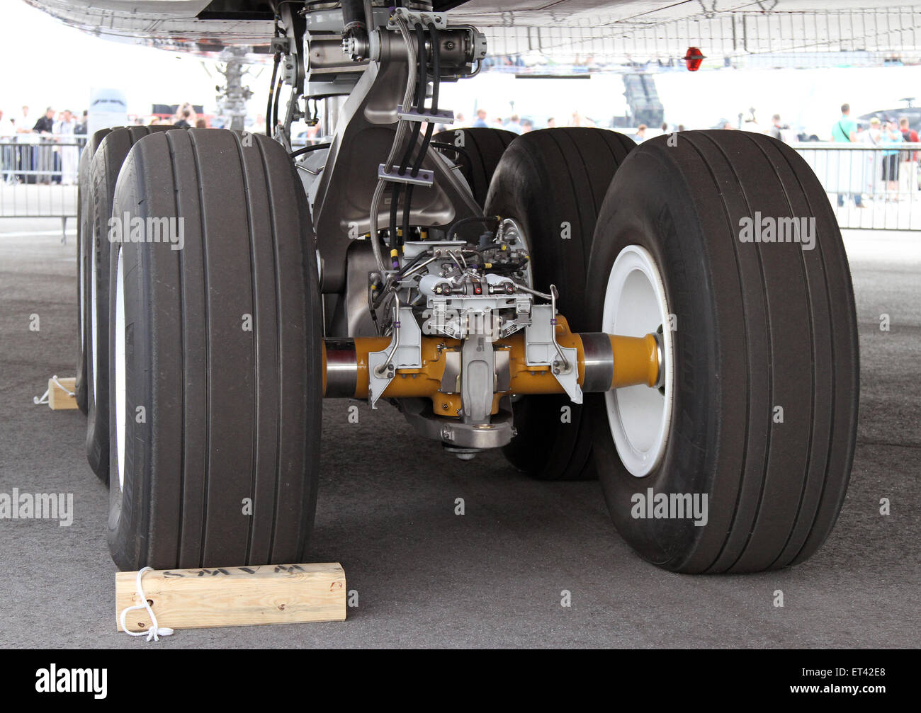 Schoenefeld, Germany, the main landing gear of an Airbus A380-800 Stock Photo