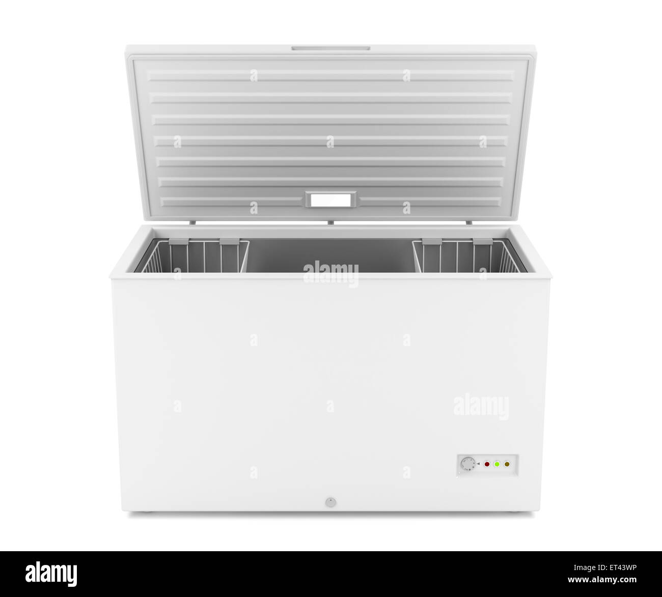 Open chest freezer on white background Stock Photo