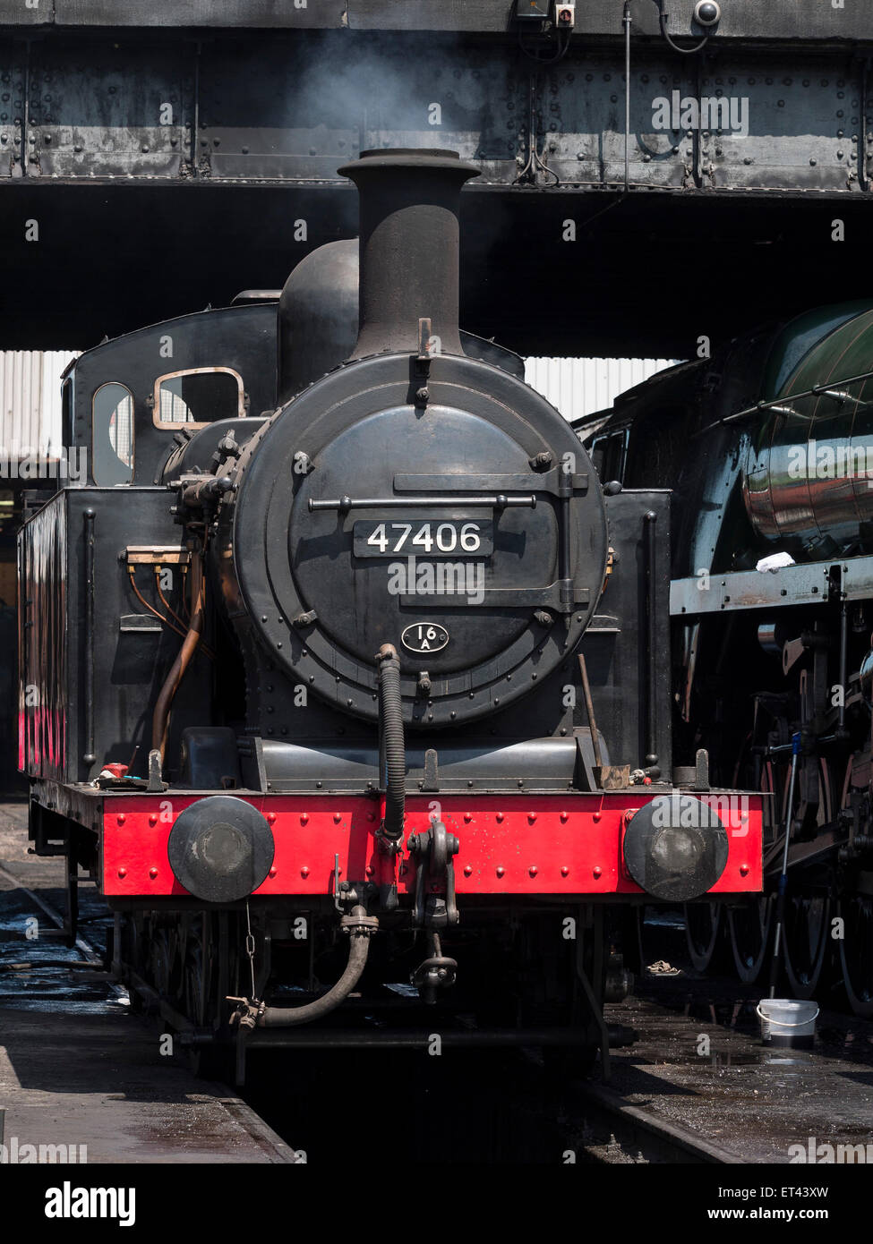 vintage steam locomotive at Loughborough station, on the Great Central Railway in Leicestershire,UK Stock Photo