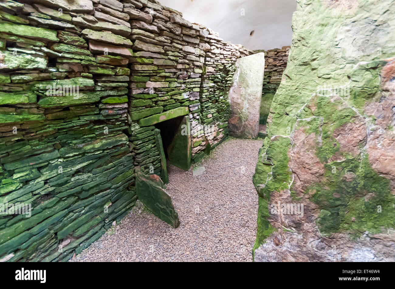 The interior of the chambered tomb of Unstan on Orkney Mainland. Stock Photo