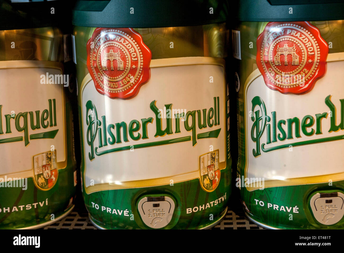 Small five-liter keg of beer brand Pilsner Urquell. Czech Republic Stock Photo