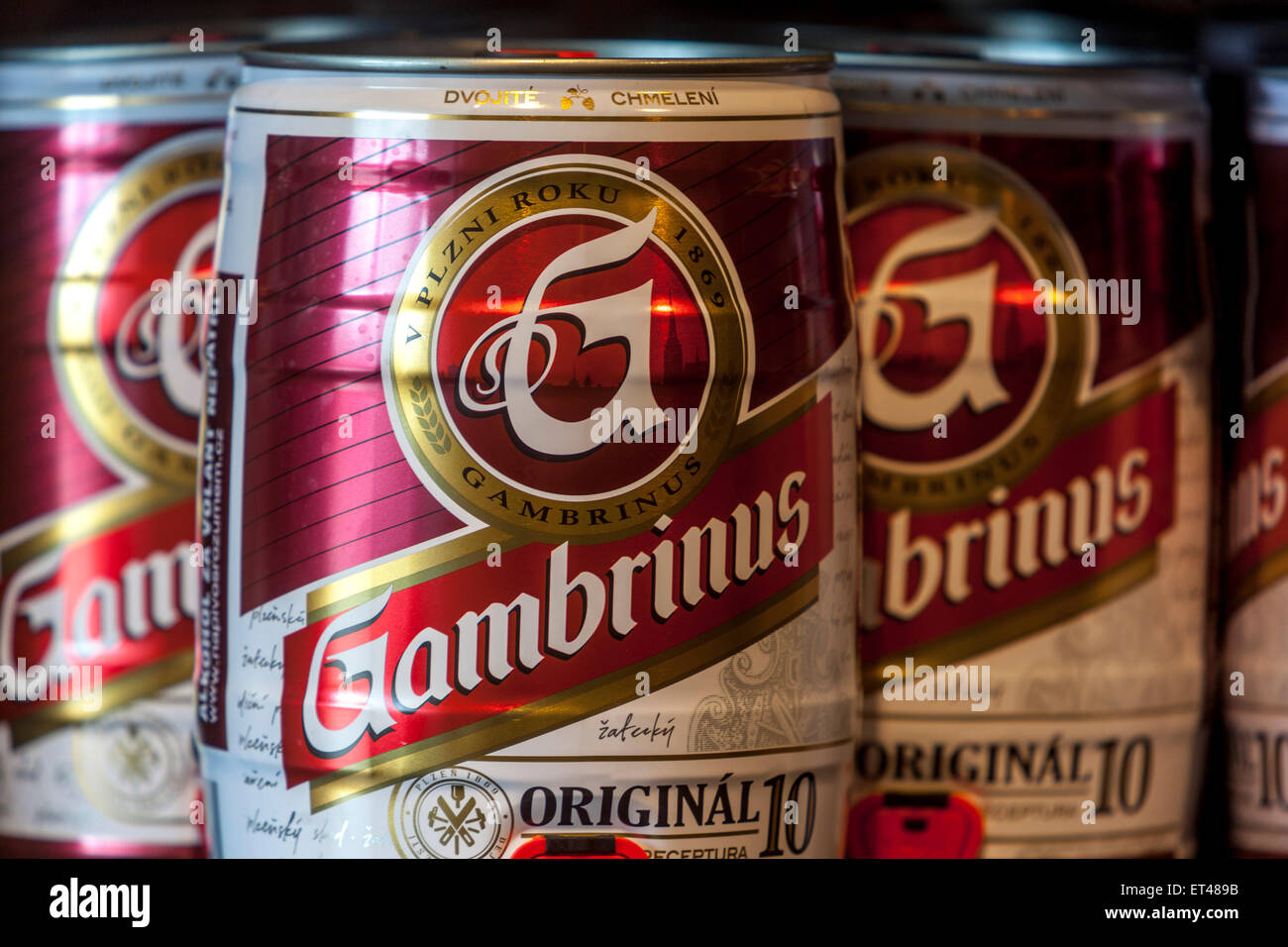 small five-liter keg of beer brand Gambrinus at shop. Czech Republic Stock Photo
