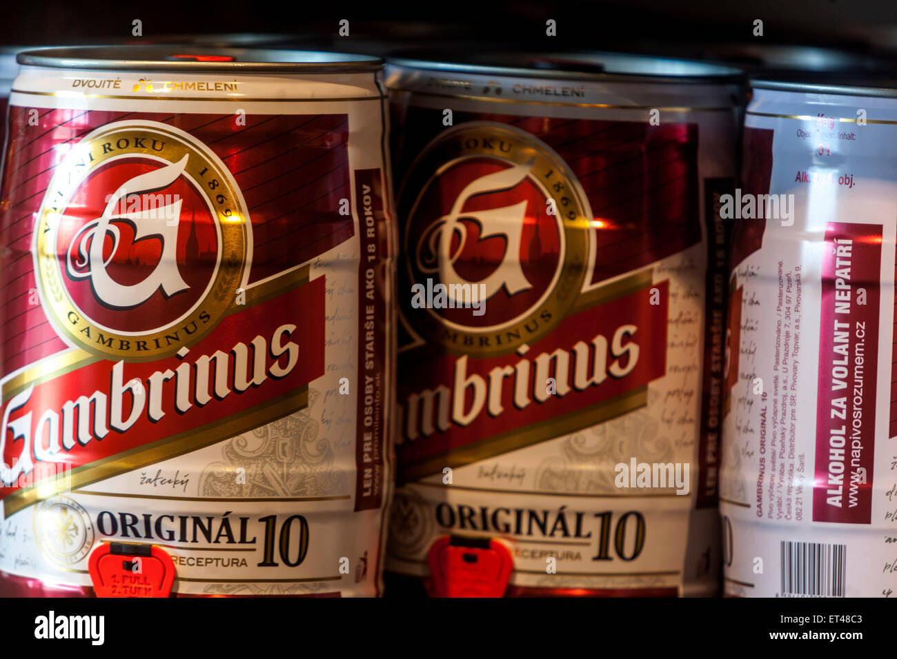 small five-liter keg of beer brand Gambrinus at shop. Czech Republic Stock Photo