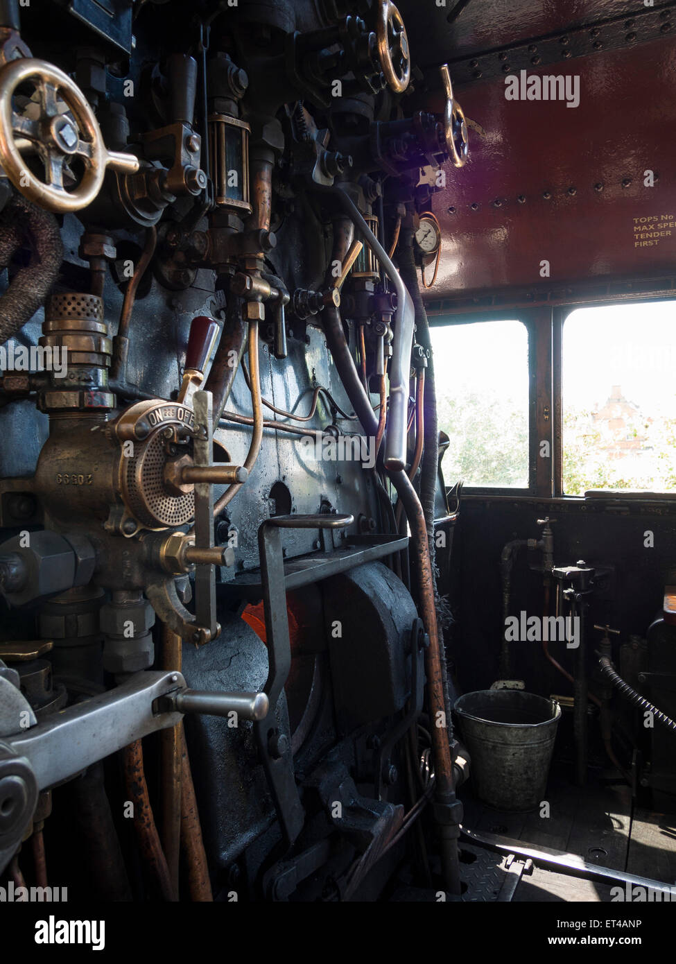 controls of a vintage steam locomotive at Loughborough station, on the Great Central Railway in Leicestershire,UK Stock Photo