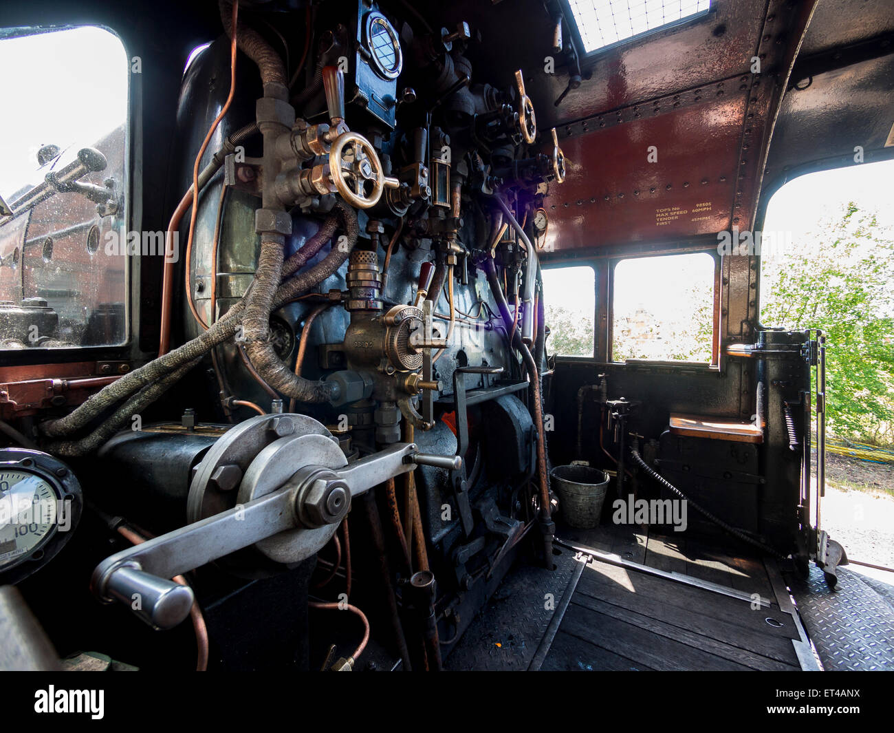 controls of a vintage steam locomotive at Loughborough station, on the Great Central Railway in Leicestershire,UK Stock Photo