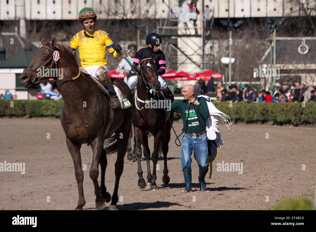 Muddy horseman. Sad look.  Grimace. Loser, dirty, disappointment, colorful, sunny day, congratulation, public, race track Stock Photo
