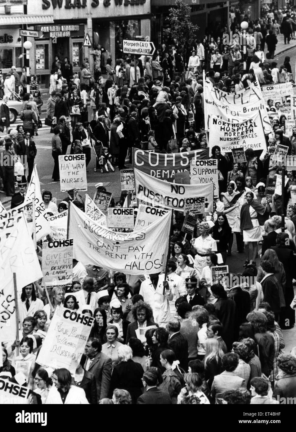 Nurses Protest march about Wages, Grainger Street, Newcastle, 18th May 1974. CAN'T PAY THE RENT WITH HALOS! Stock Photo