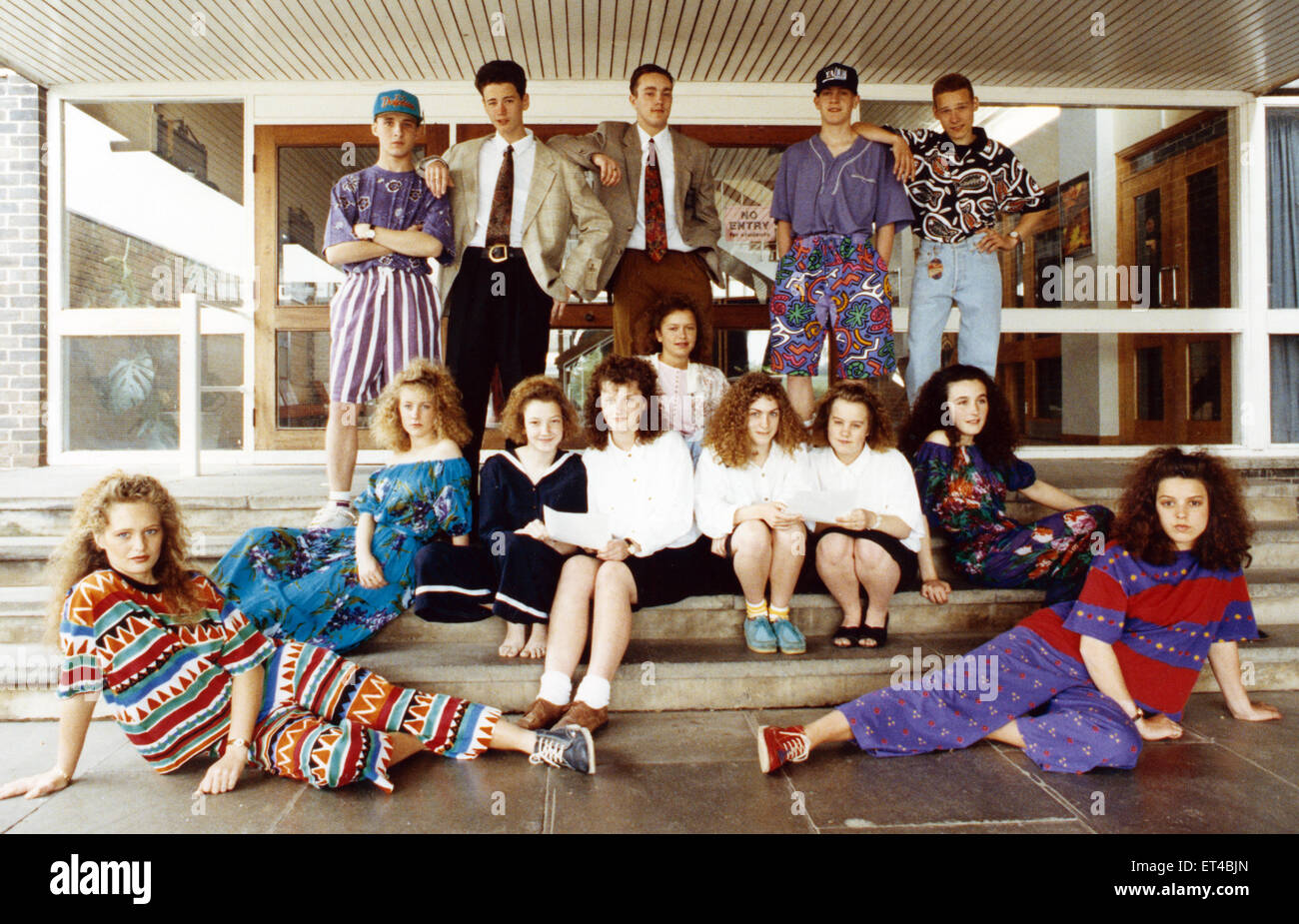 A group of fourth year business studies students at Nunthorpe School organised a fashion show to raise money for charity. Clothes were lent by local stores. Pictured back row L-R Paul Angey, Steven Rooney, Craig Gillespie, Andrew Prest and Paul Walker. Middle row - Rachel Puckett, Louise Naden, Claire Painter, Claire Naden, Susan Pryse, Debbie Crinnian. Front - Linzie Tonner, Jayne Stephenson. 10th May 1990. Stock Photo