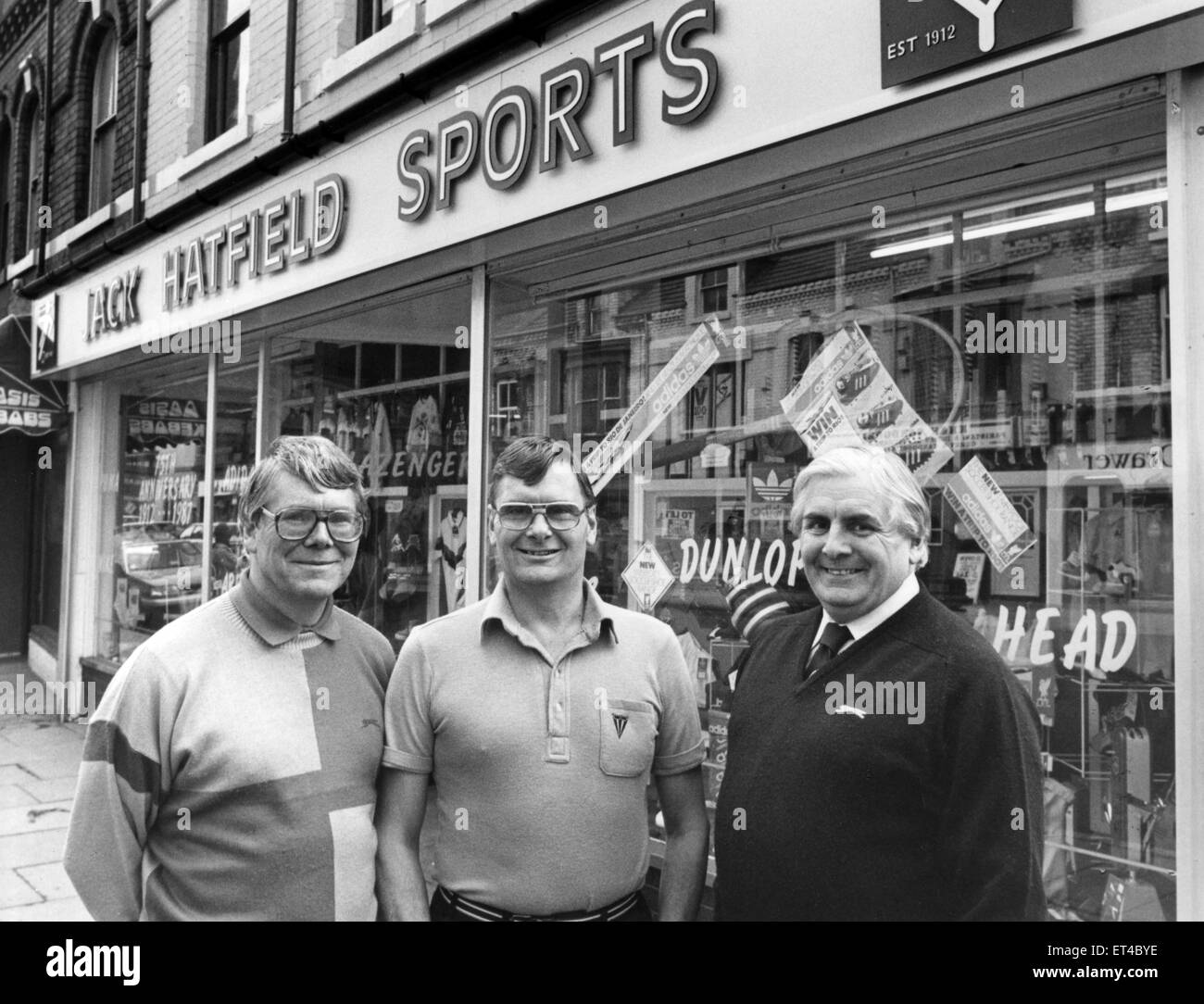 Jack Hatfield, owner of Sports Shop, Jack Hatfield Sports, Middlesbrough, with sons Tom and Peter, 15th October 1987. Stock Photo