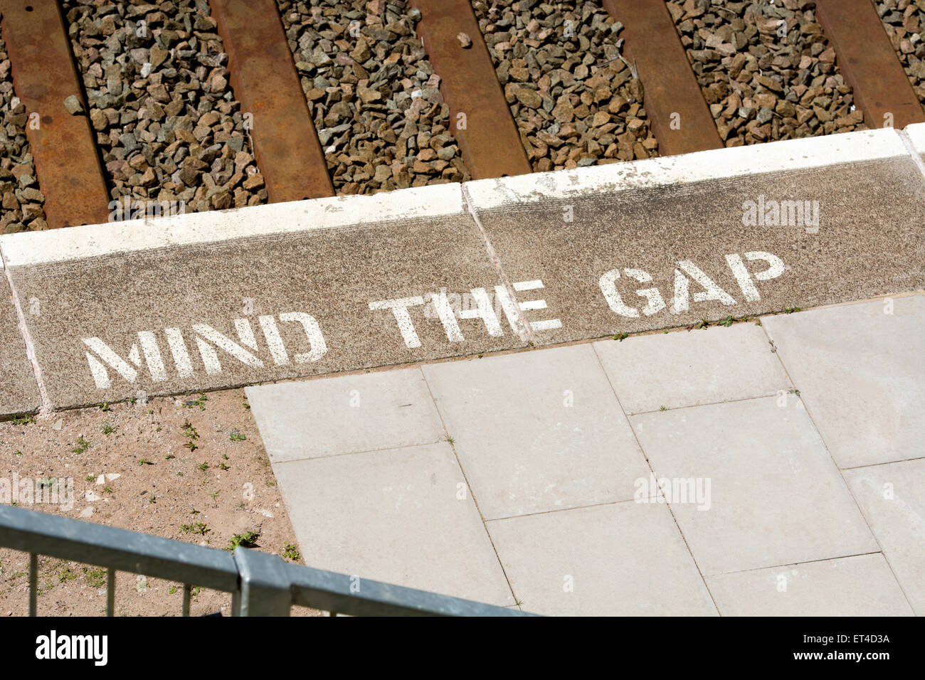 MIND THE GAP on platform edge, Wood End station,  Warwickshire, England, UK Stock Photo
