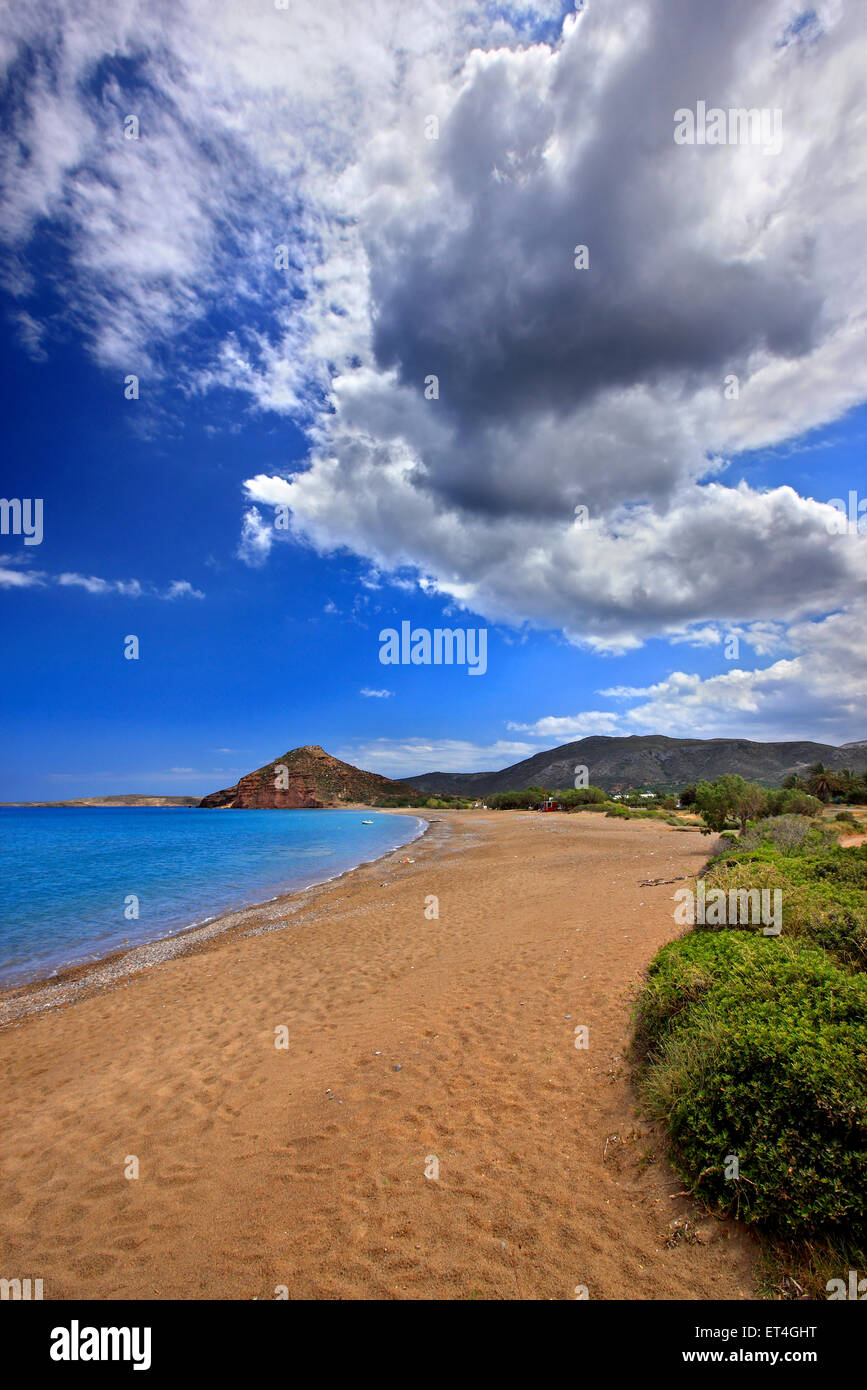 Kouremenos beach close to Palekastro village, Sitia, Lasithi, Crete, Greece. In the background Kastri hill. Stock Photo