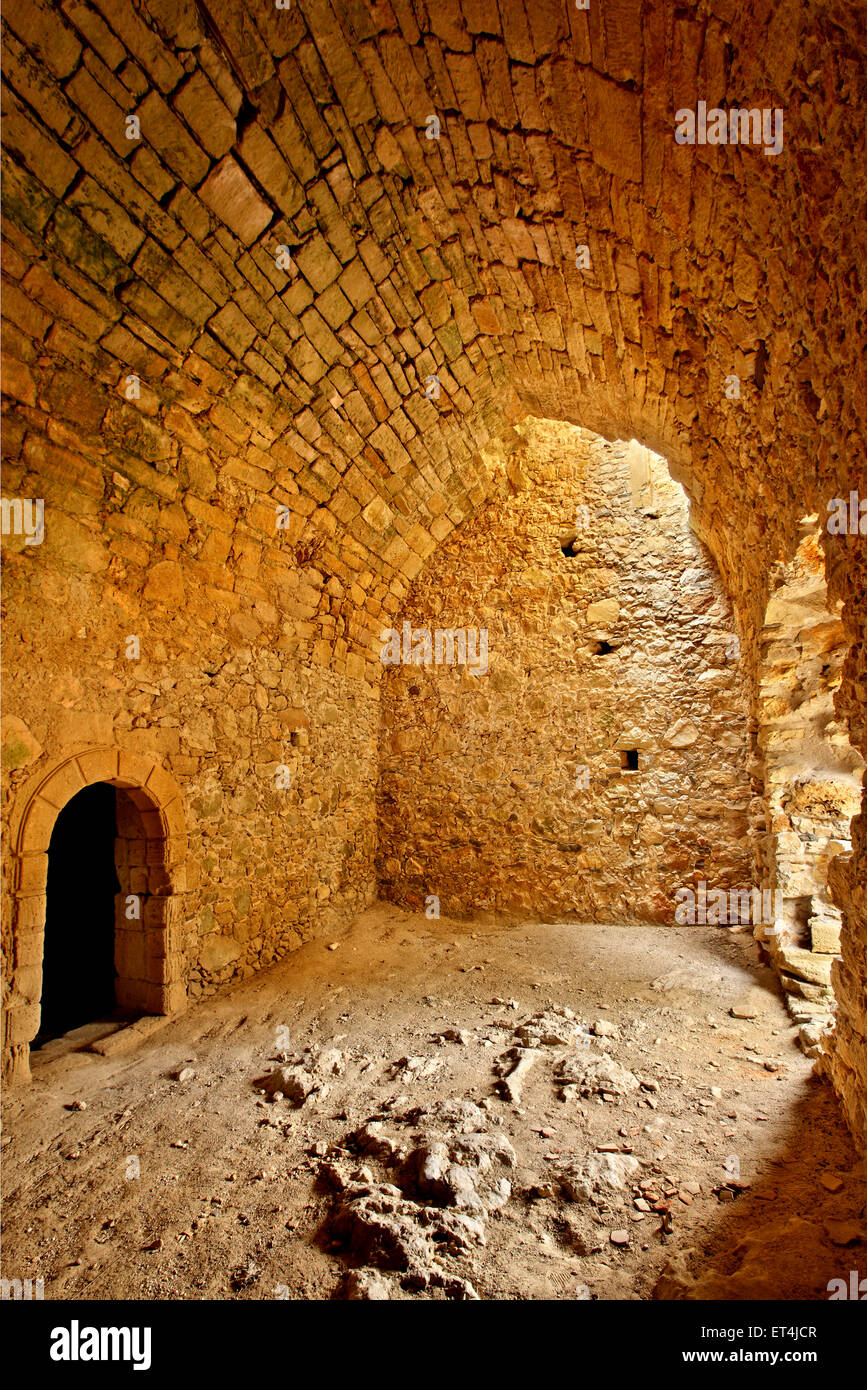 Inside an old tower at he abandoned medieval settlement of Voila, close to Handras village,Sitia, Lasithi, Crete, Greece Stock Photo