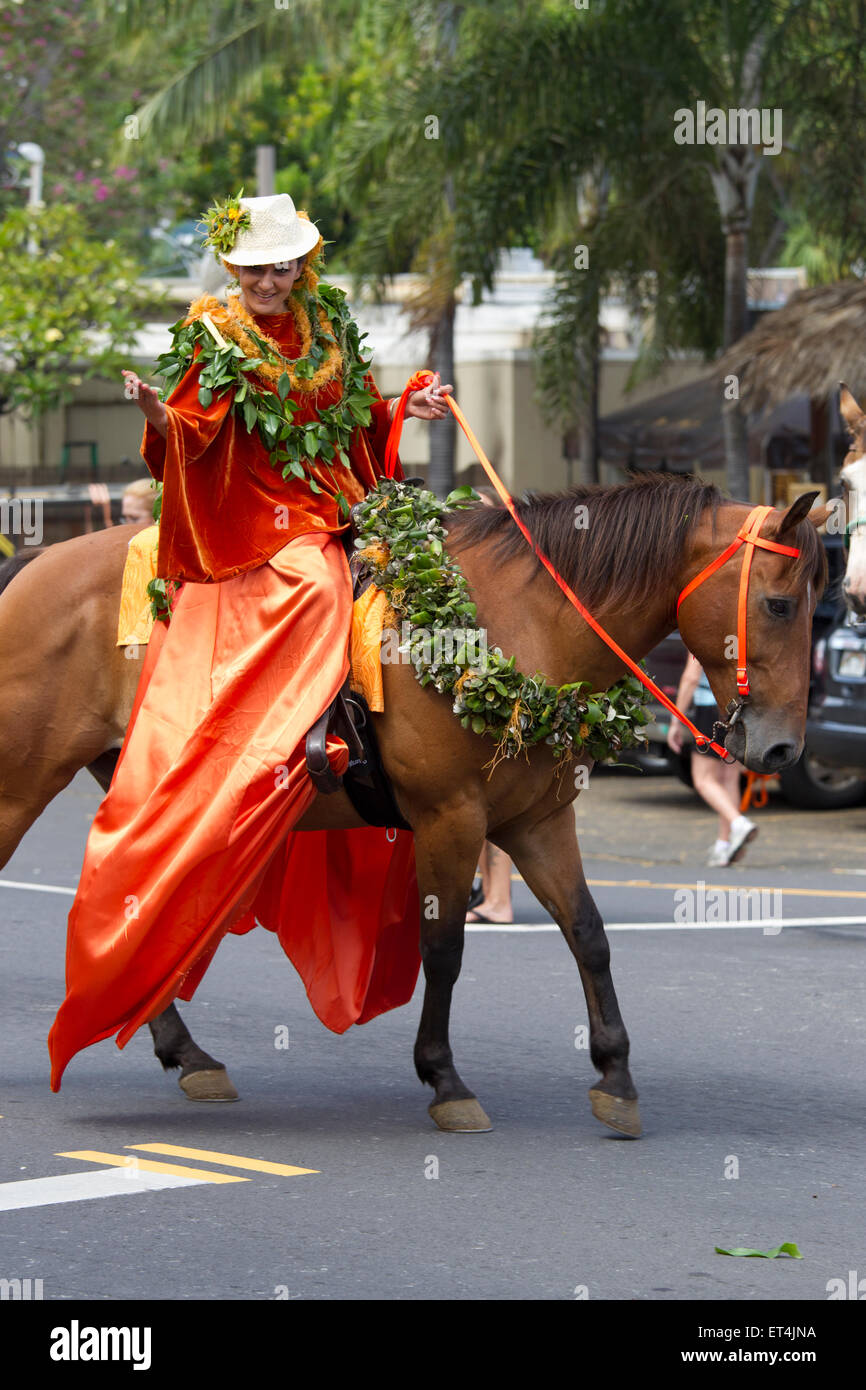 Pa'u rider in parade in Kailua Kona, Hawaii Stock Photo