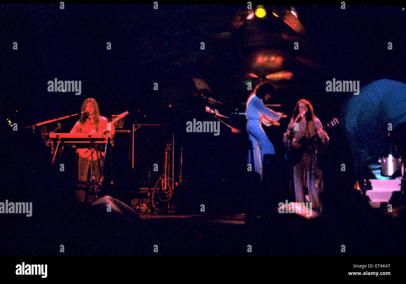 Steve Howe, Patrick Moraz and Jon Anderson of the progressive rock band Yes in performance at the Miami, Jai-Alai Fronton, Miami, Florida, USA on November 28th, 1974. Stock Photo