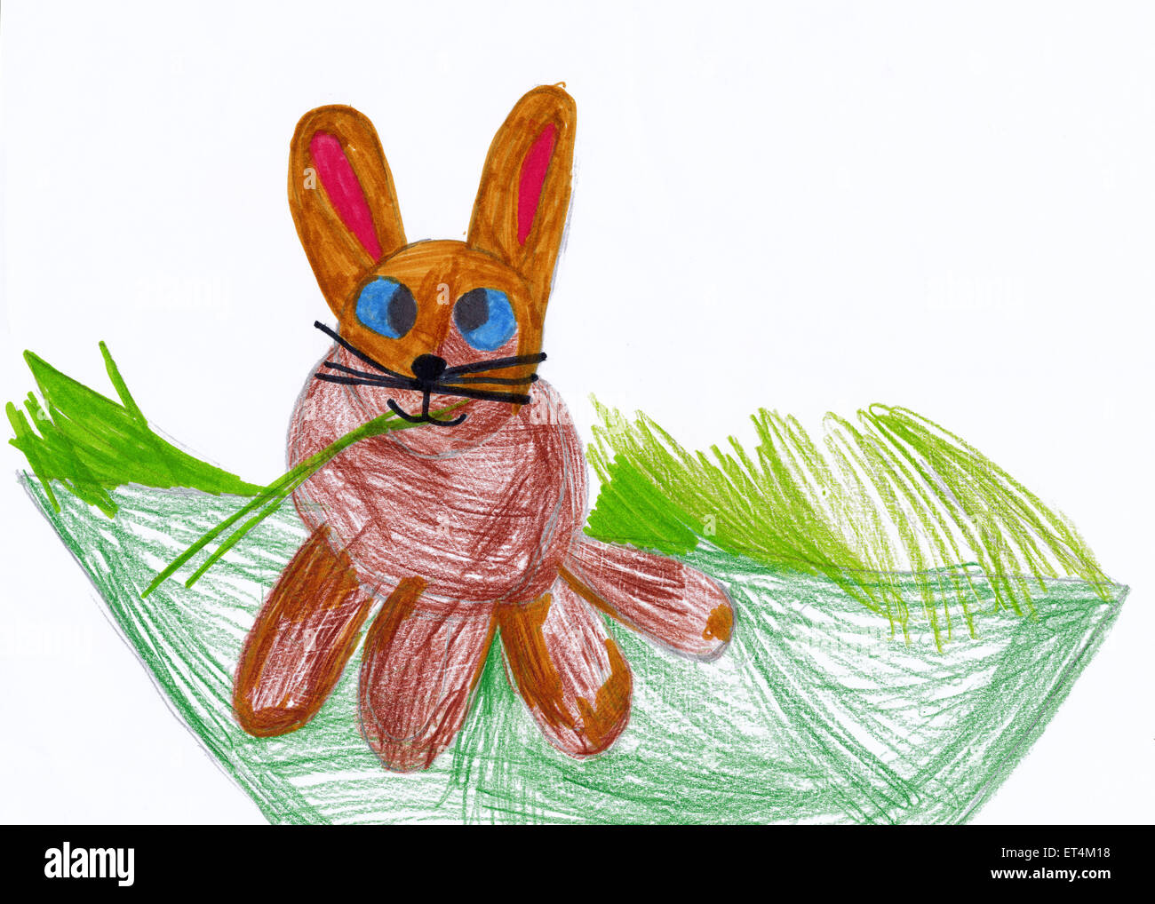 Child's drawing. Rabbit on meadow Stock Photo - Alamy