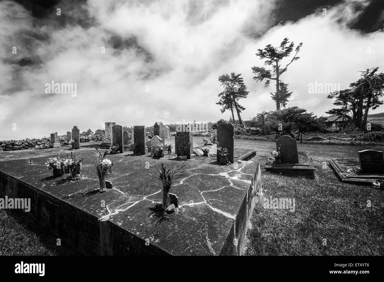 B&W HDR image of private Parker Mana Road cemetery in Kamuela, Hawaii Stock Photo
