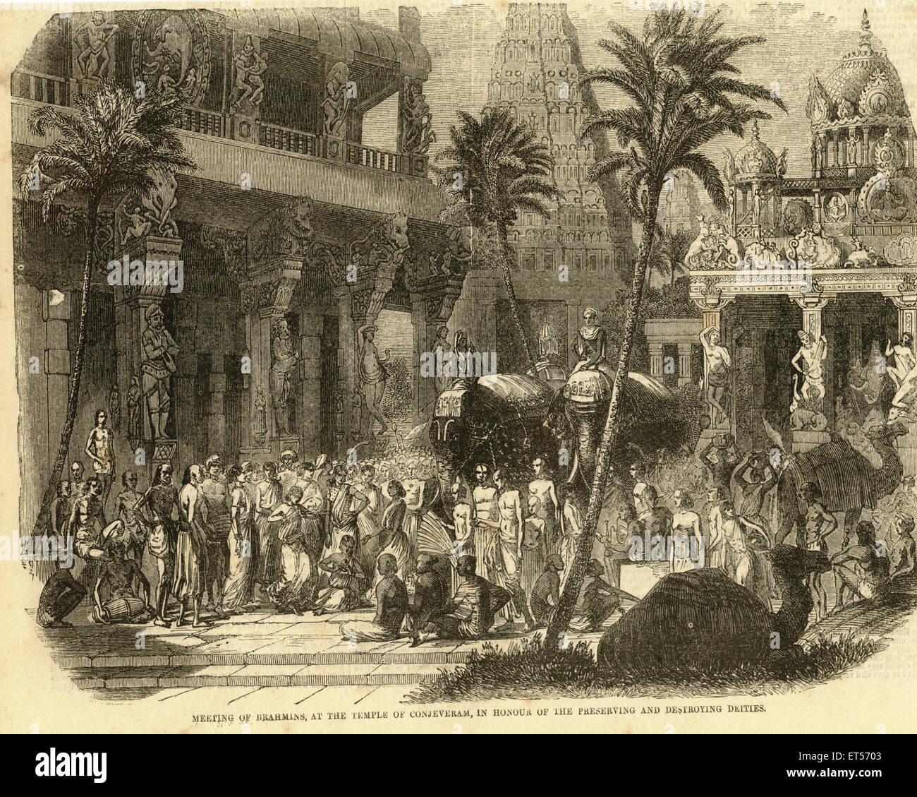 Brahmins meeting at Conjeveram temple to preserve deities of  Kanchipuram Kanchi Kancheepuram Tamil Nadu India old vintage 1800s etching lithograph Stock Photo