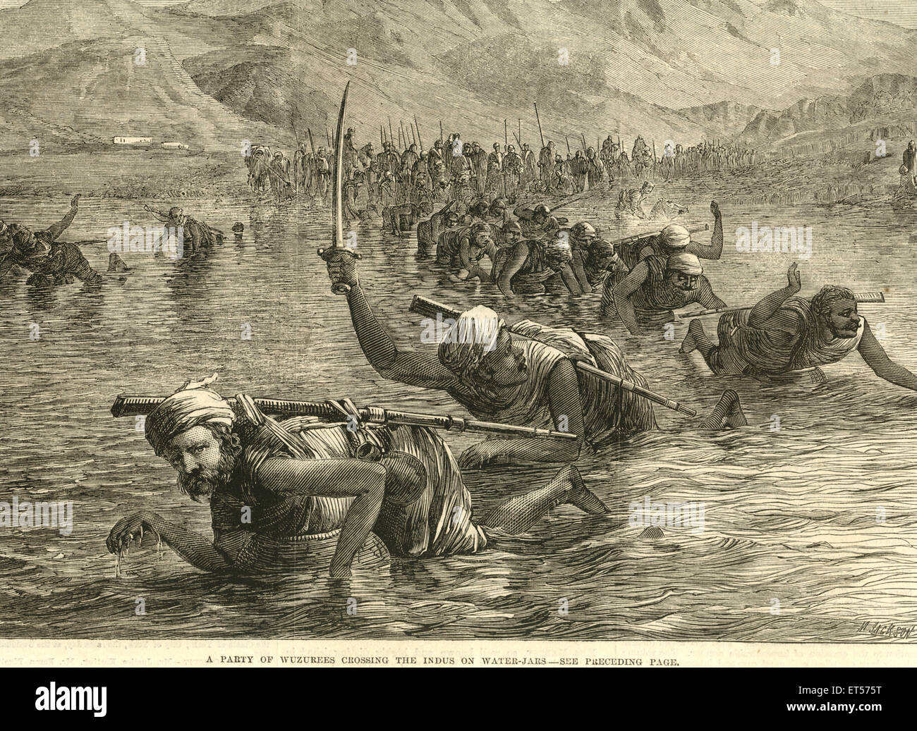 A party of Wuzurees crossing the Indus on water jars ; India Stock Photo