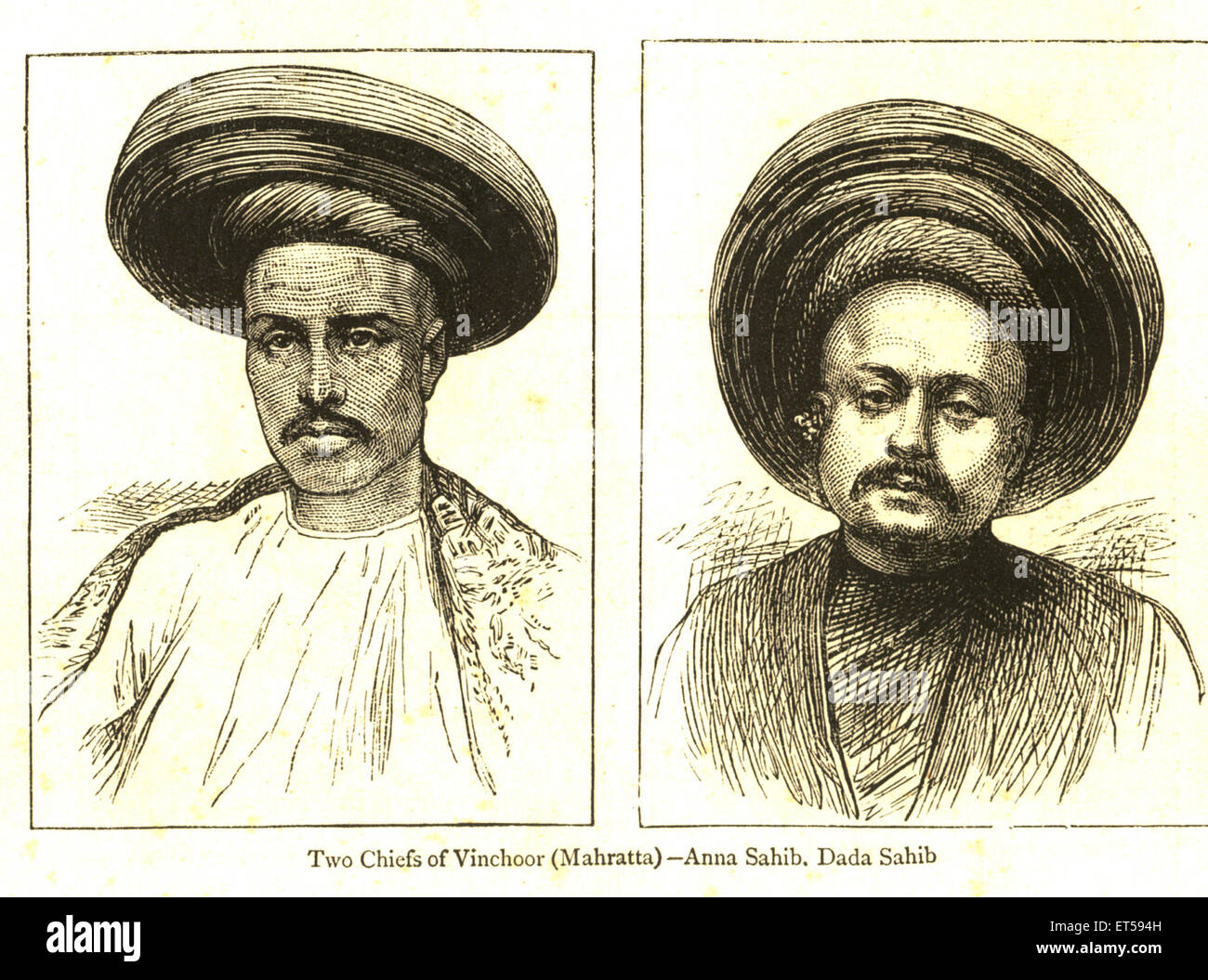 Lithographic portraits ; two chiefs of Vinchoor mahratta ; Anna sahib and Dada sahib ; India NO MR Stock Photo