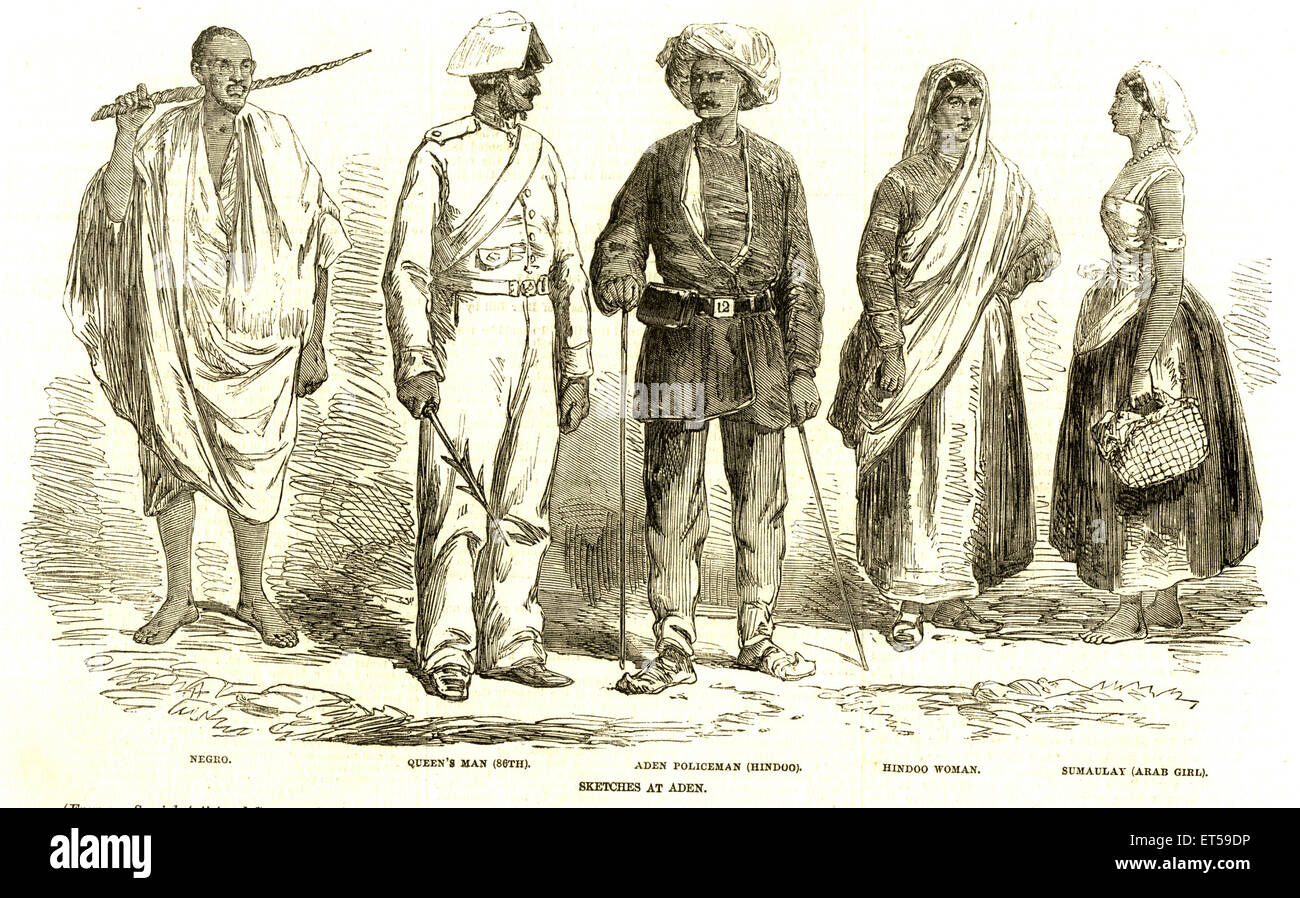different people negro queen's man policeman Hindu aden policeman hindu woman sumaulay Arab girl engraving old vintage 1800s picture lithograph Stock Photo
