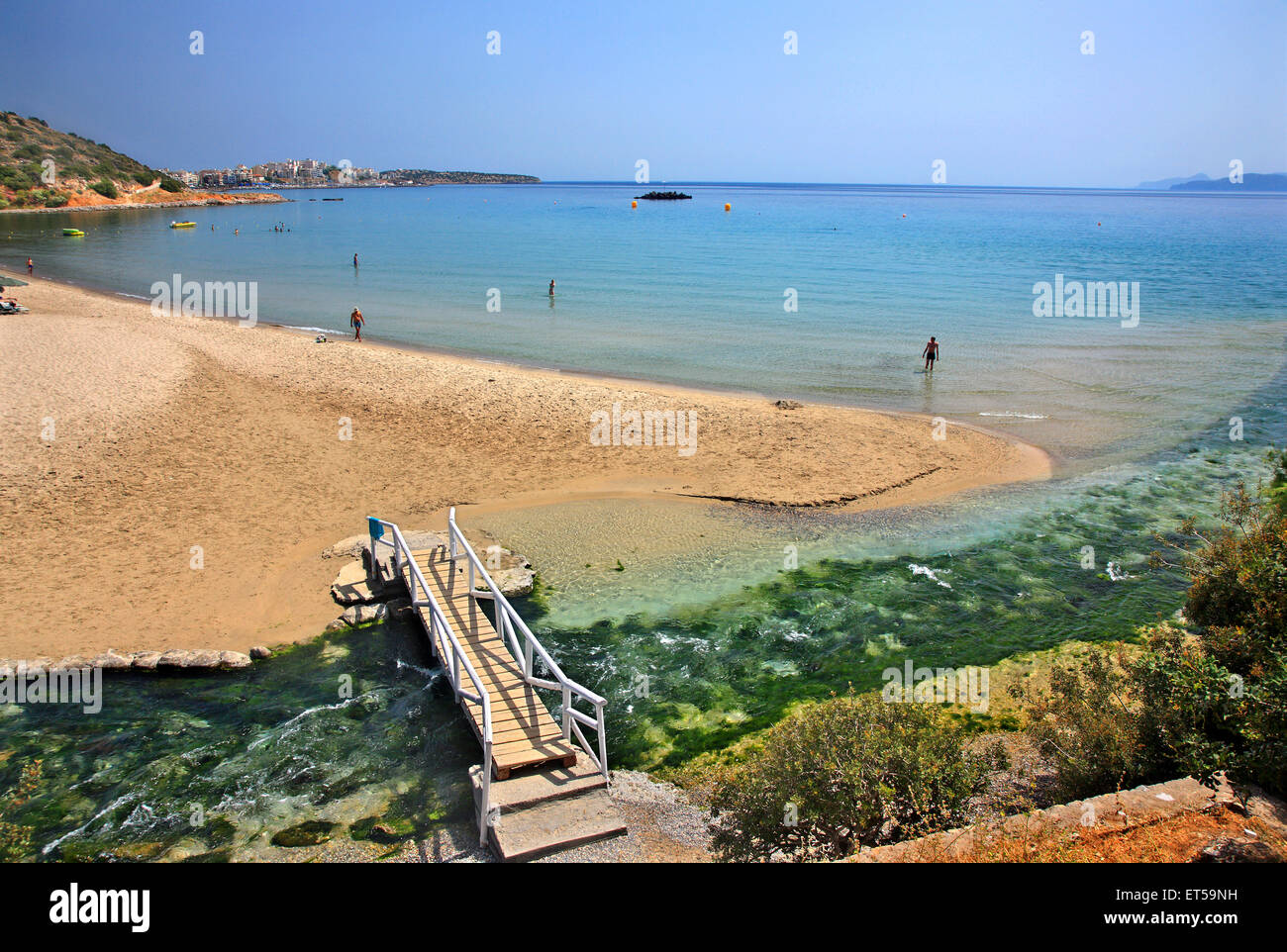 Almyros beach (and wetland) very close to Agios Nikolaos town, Lasithi, Crete, Greece. Stock Photo