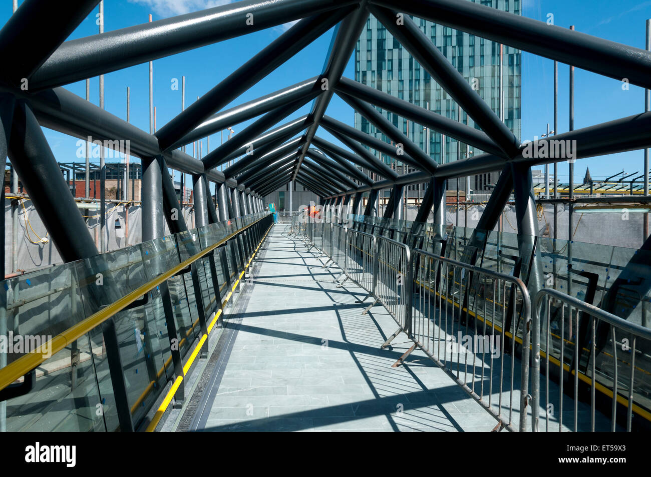 The Exhibition Bridge, Whitworth Street, Deansgate-Castlefield, Manchester, England, UK.  Nearing completion of a major refurbishment. Stock Photo