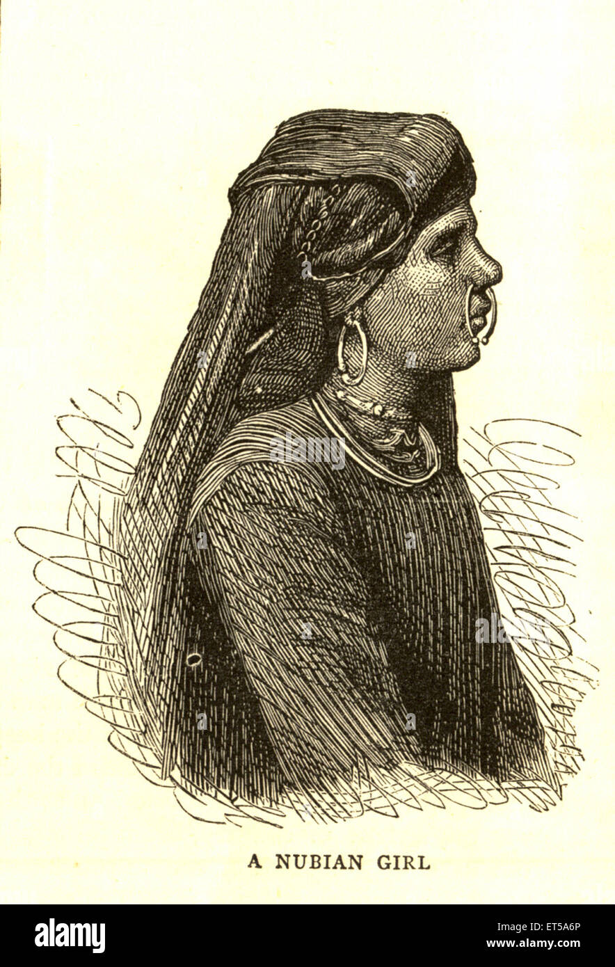 Nubian Girl ; Nubians ; Ethno linguistic people ; northern Sudan ;  southern Egypt ; old vintage 1800s engraving Stock Photo