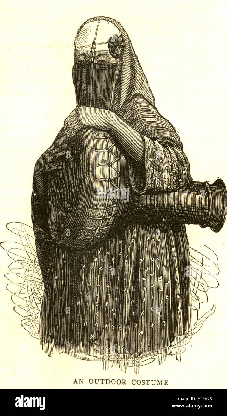 Muslim woman dress burka burqa burkha with cane basket , India , old vintage 1800s engraving Stock Photo