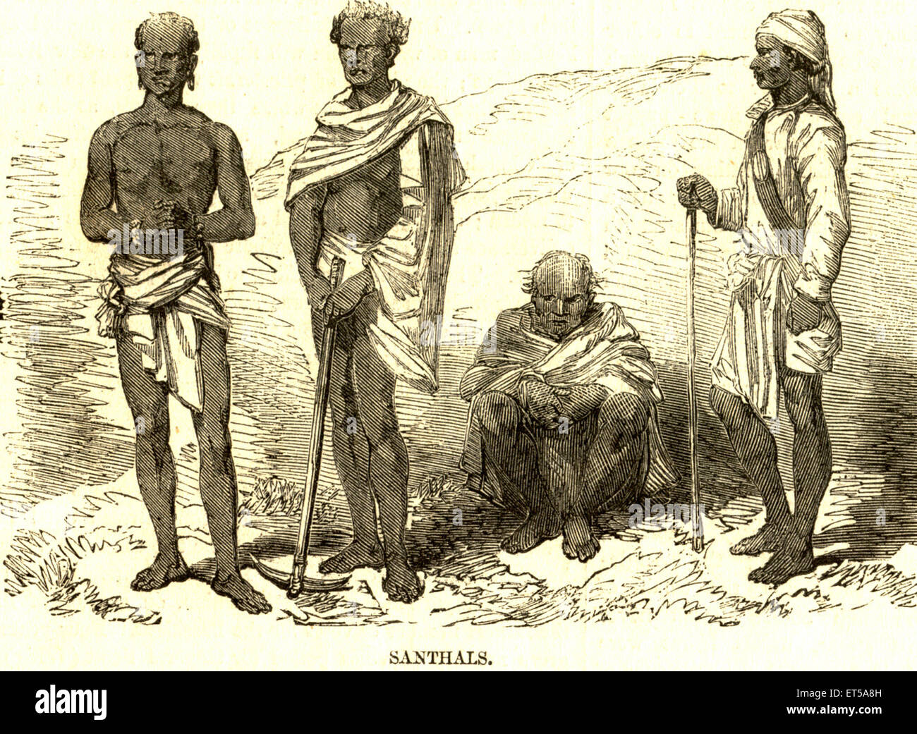 Santhals tribal men ; Santhal tribals ; Santal people ; India ; old vintage 1800s engraving Stock Photo