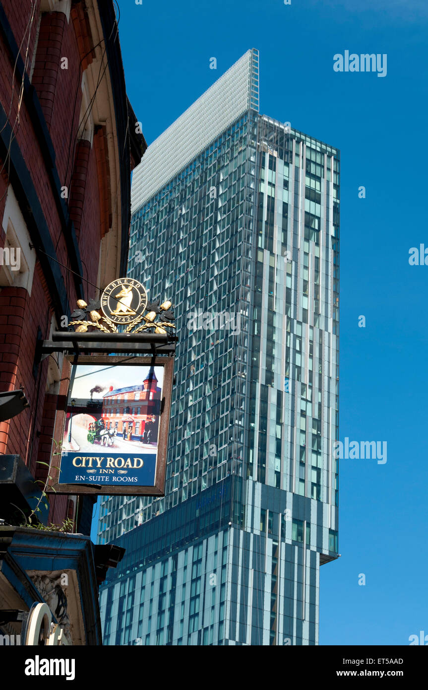 The Beetham Tower with the City Road Inn sign in the foreground, Albion Street, Manchester, England, UK Stock Photo