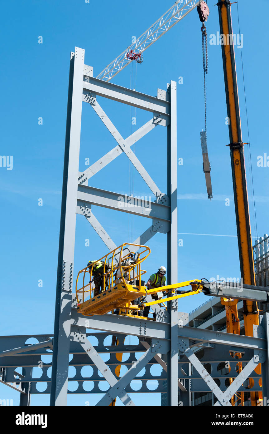 Steelwork being erected for a new Premier Inn, Offices & Media Hub at MediaCityUK, Salford Quays