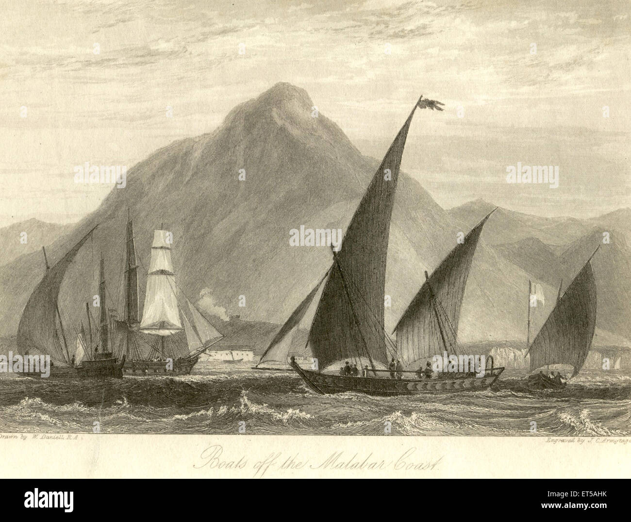 Sail boats off Malabar Coast ; sailboats ; sailing boats ; India ; old vintage 1800s engraving Stock Photo