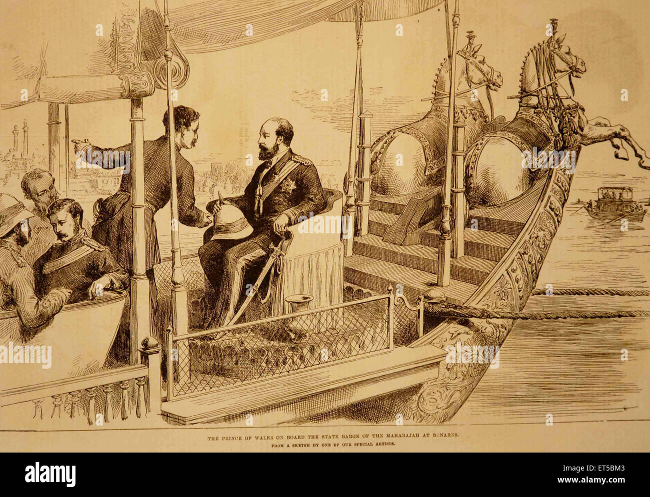 Lithographs The Prince of Wales on  Board the State Barge of the Maharajah at Banares ; Varanasi ; Uttar Pradesh ; India Stock Photo