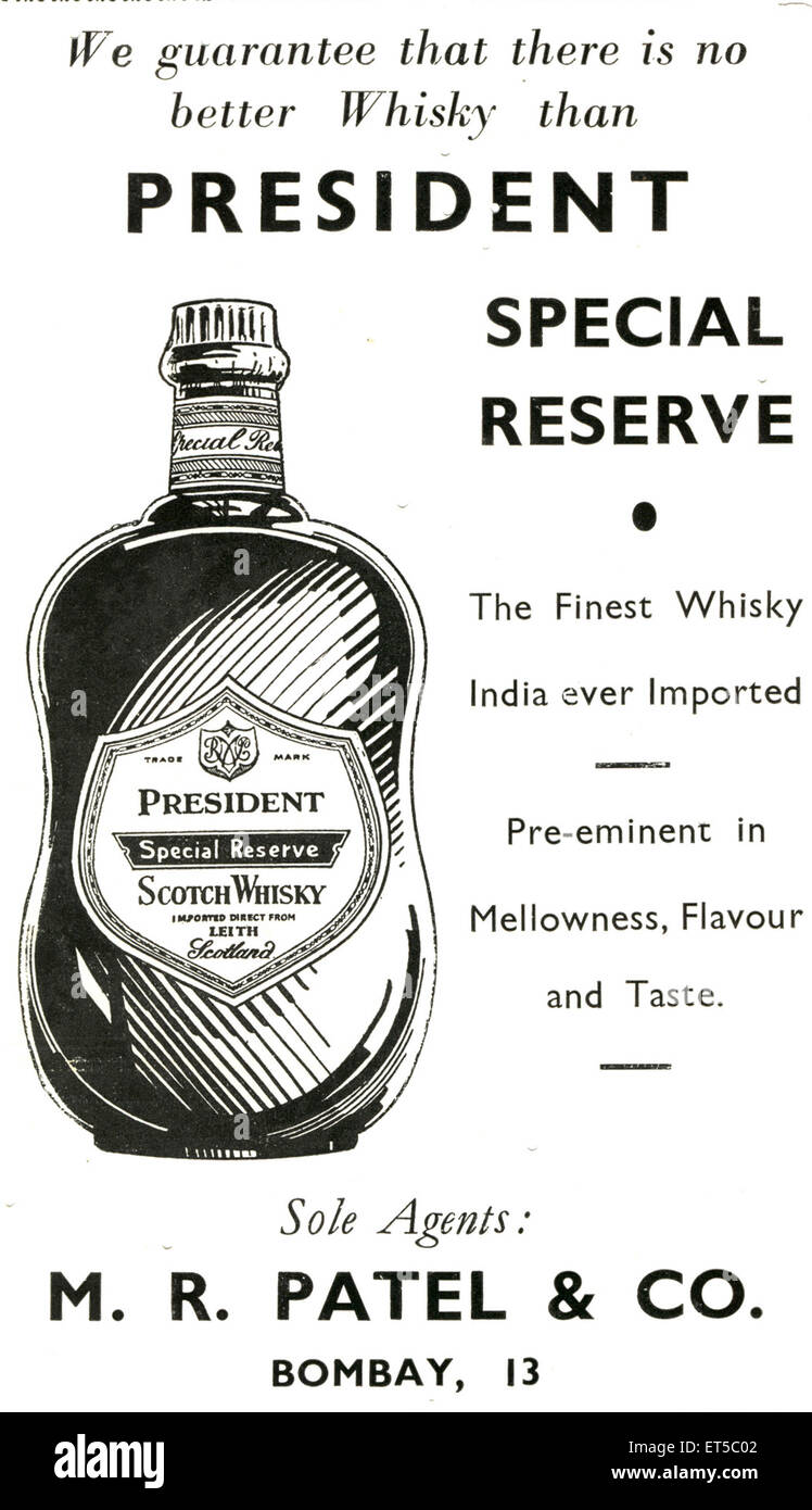 President Scotch Whisky, Patel & Co ; old vintage 1800s poster Stock Photo