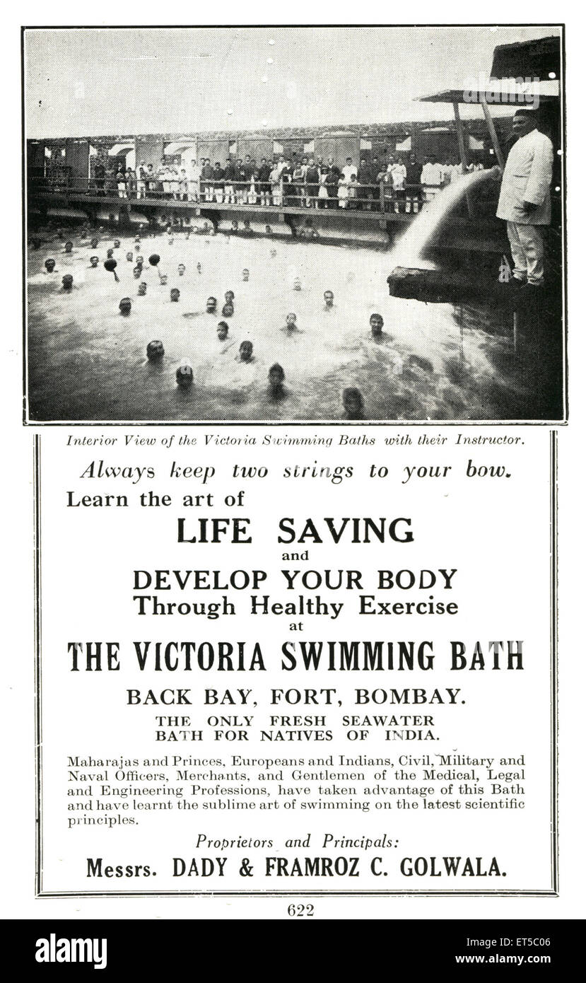 Old Advertisements ; Victoria Swimming Bath ; Back Bay ; Fort ; Bombay ; Mumbai ; Maharashtra ; India ; old vintage 1800s poster Stock Photo