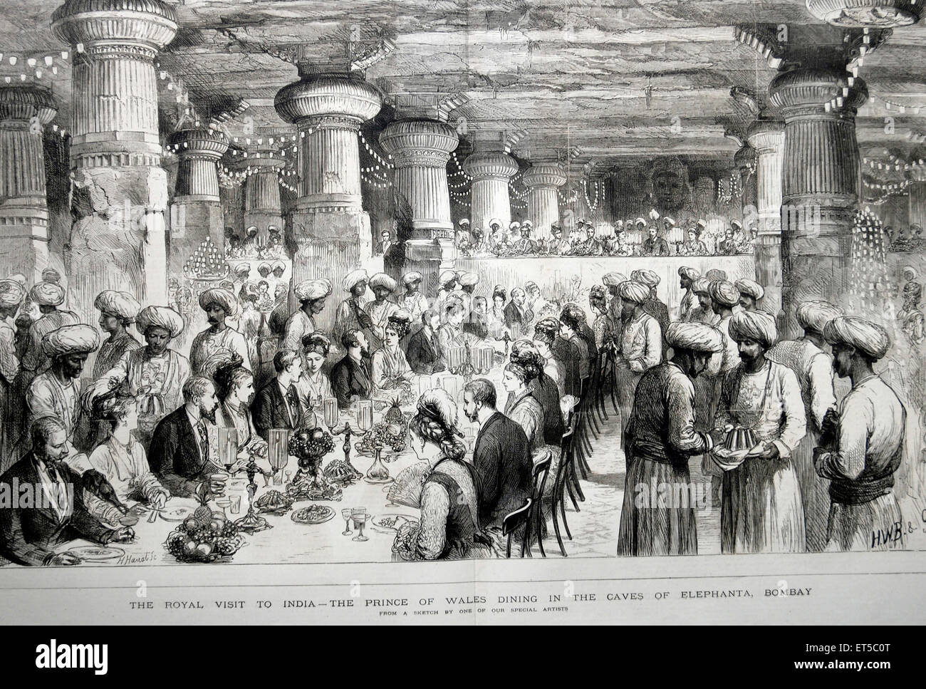 Old vintage 1900s drawing British Royalty Prince of Wales dining in Elephanta Caves Bombay Mumbai Maharashtra India Stock Photo