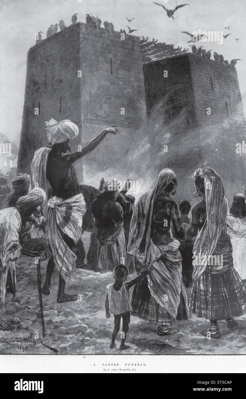 Parsee Funeral ; Dongerwadi ; Tower of Silence ; Kemps Corner ; Bombay ; Mumbai ; Maharashtra ; India ; old vintage 1800s engraving Stock Photo