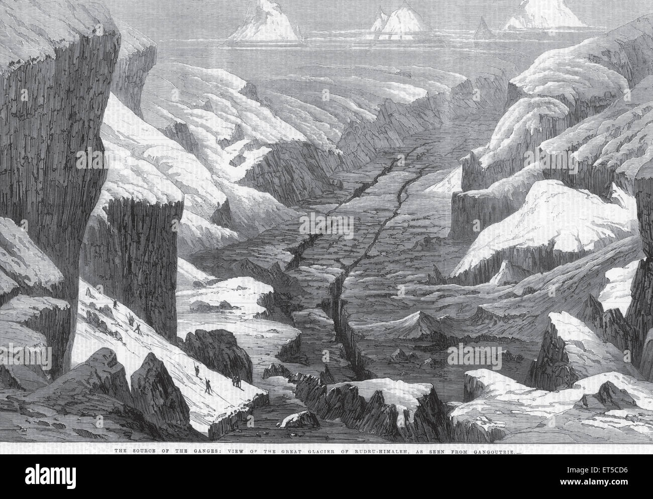 Ganges river Ganga source ; Gangotri Glacier ; Uttarkashi District ;  Uttarakhand ; Uttaranchal ; India ; old vintage 1800s engra Stock Photo