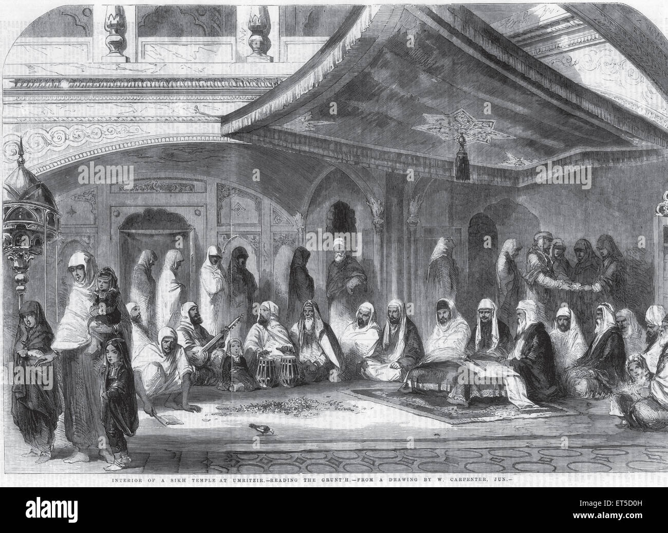 Sikh temple, Golden Temple, reading Guru Granth Sahib, Adi Granth, Guru Arjan, Amritsar, Punjab, India ; old vintage 1800s engraving Stock Photo