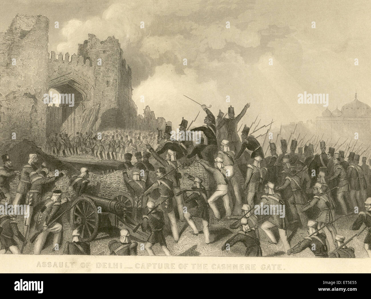 Military and munity mutiny views assault of Delhi capture of Cashmere gate ; Delhi ; India Stock Photo