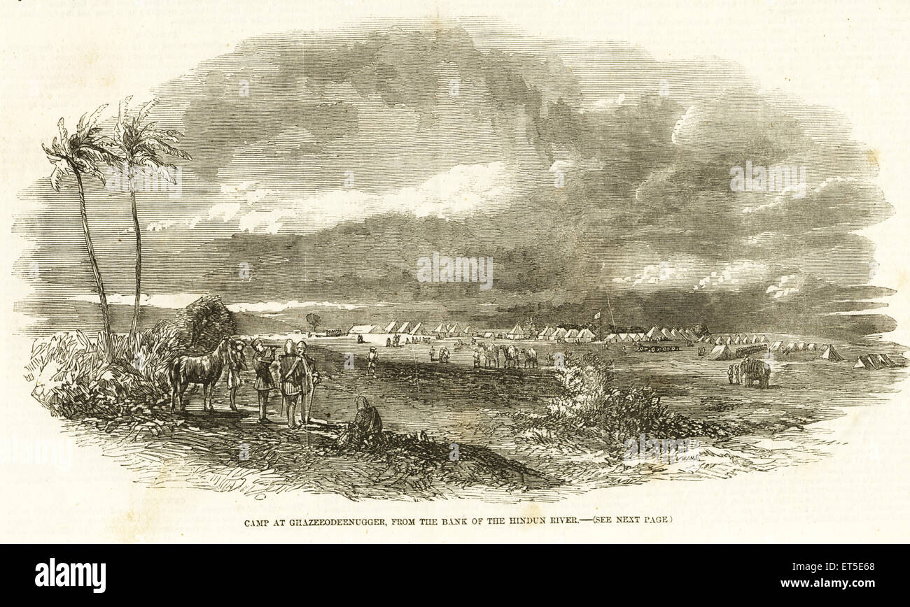 Military camp, Ghazeeodeenugger, Ghaziuddinnagar, Ghaziuddin nagar, Hindon river, Ghaziabad, India, Indian Rebellion, Mutiny views, Sepoy Mutiny, old Stock Photo