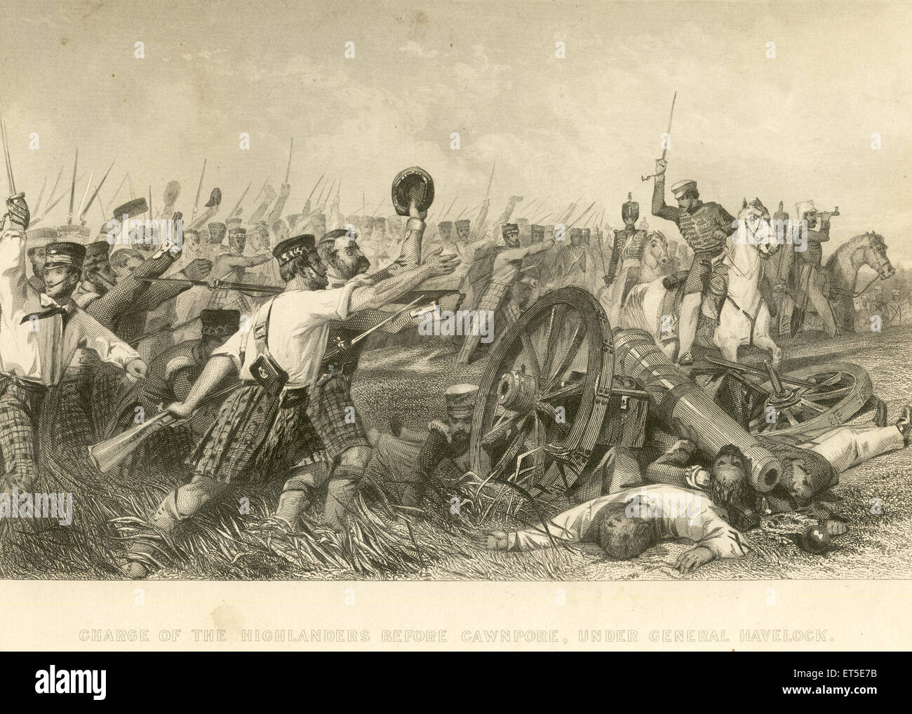 Military and munity mutiny views charge of Highlanders before Chwnpore under General Havelock ; Kanpur ; Uttar Pradesh ; India Stock Photo
