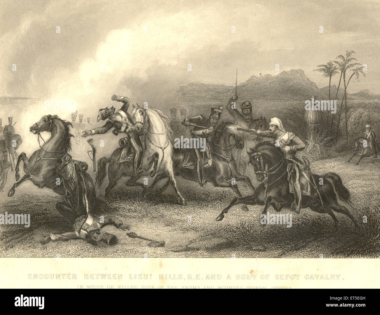 Military and munity mutiny views encounter between Lieut Hills RE and body sepoy soldier cavalry ; India Stock Photo