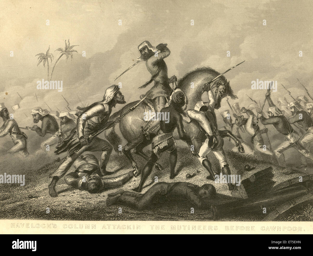 Military and munity mutiny views Havelock's Column attacking mutineers before Cawnpoor ; Kanpur ; Uttar Pradesh ; India Stock Photo