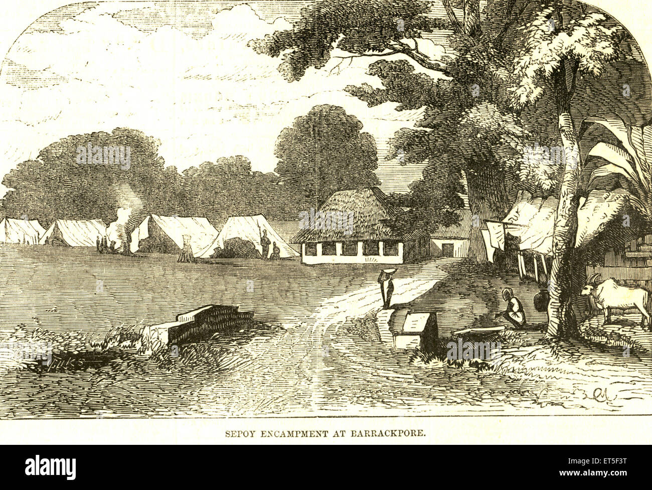 Sepoy soldier encampment, Barrackpore, Barrackpur, West Bengal, India, Indian Rebellion, Mutiny views, Sepoy Mutiny, vintage 1800s picture Stock Photo